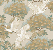 Sprig and Heron Wallpaper - Beige - Double Roll