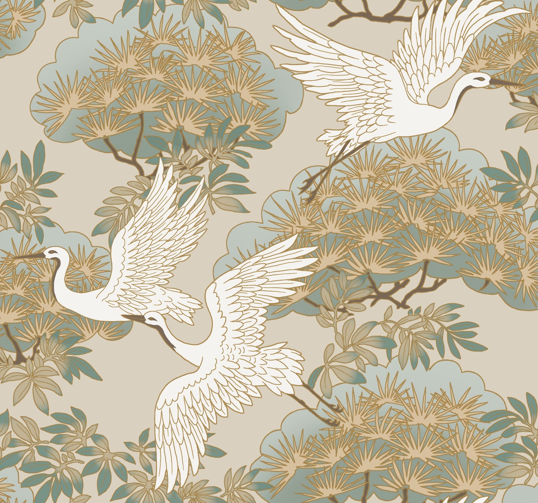Sprig and Heron Wallpaper - Beige - Double Roll