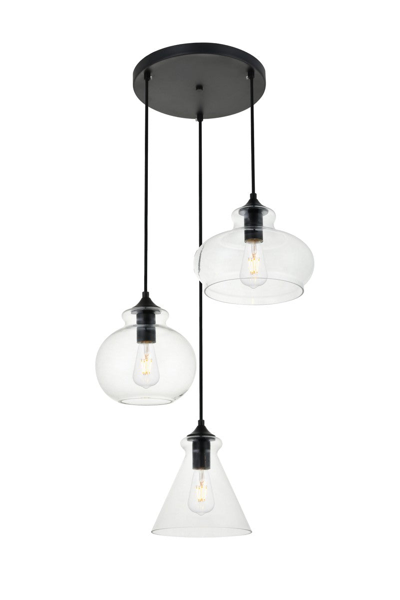 Elegant Lighting - LD2247BK - Three Light Pendant - DESTRY - Black and Clear