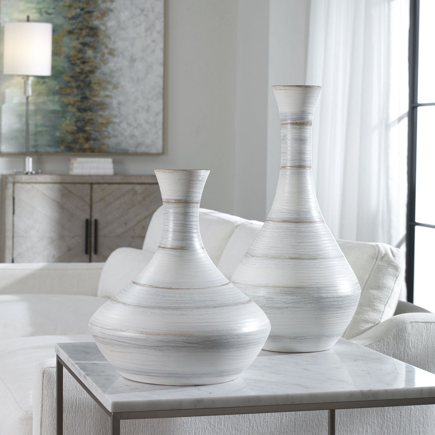 Uttermost - 17964 - Vases, S/2 - Potter - Ivory, Blue, And Tan