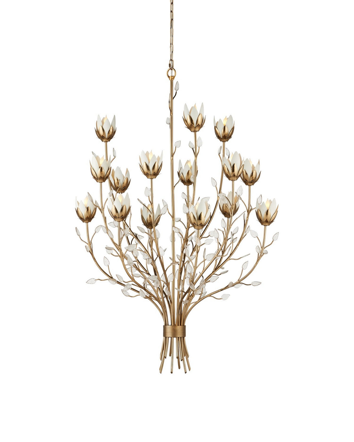 Currey and Company - 9000-1358 - 15 Light Chandelier - Star Magnolia - Antique Brass/White/Clear