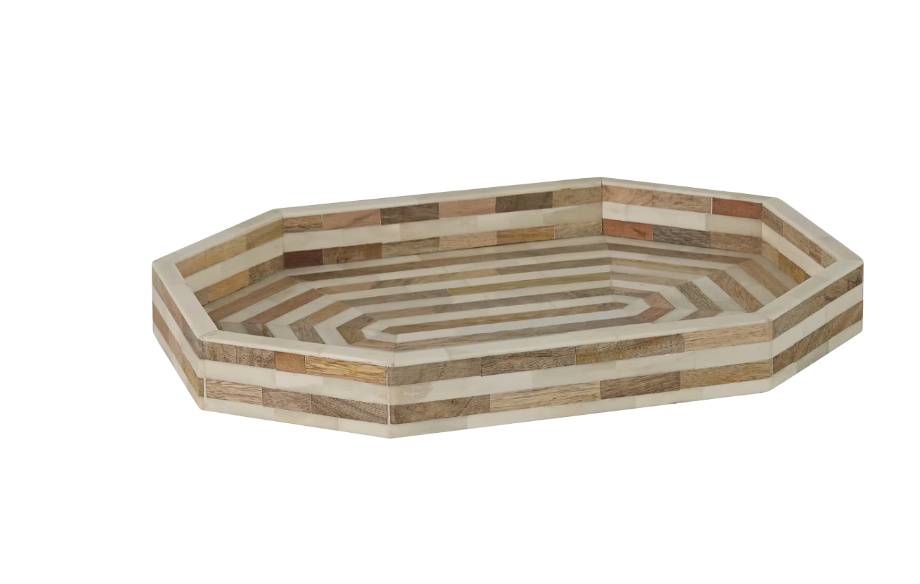Elongated Octagon Decorative Tray, 19''W, Natural and White