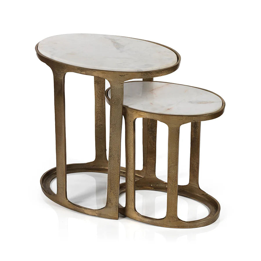 NIKKI OVAL MARBLE AND RAW ALUMINUM NESTING TABLES