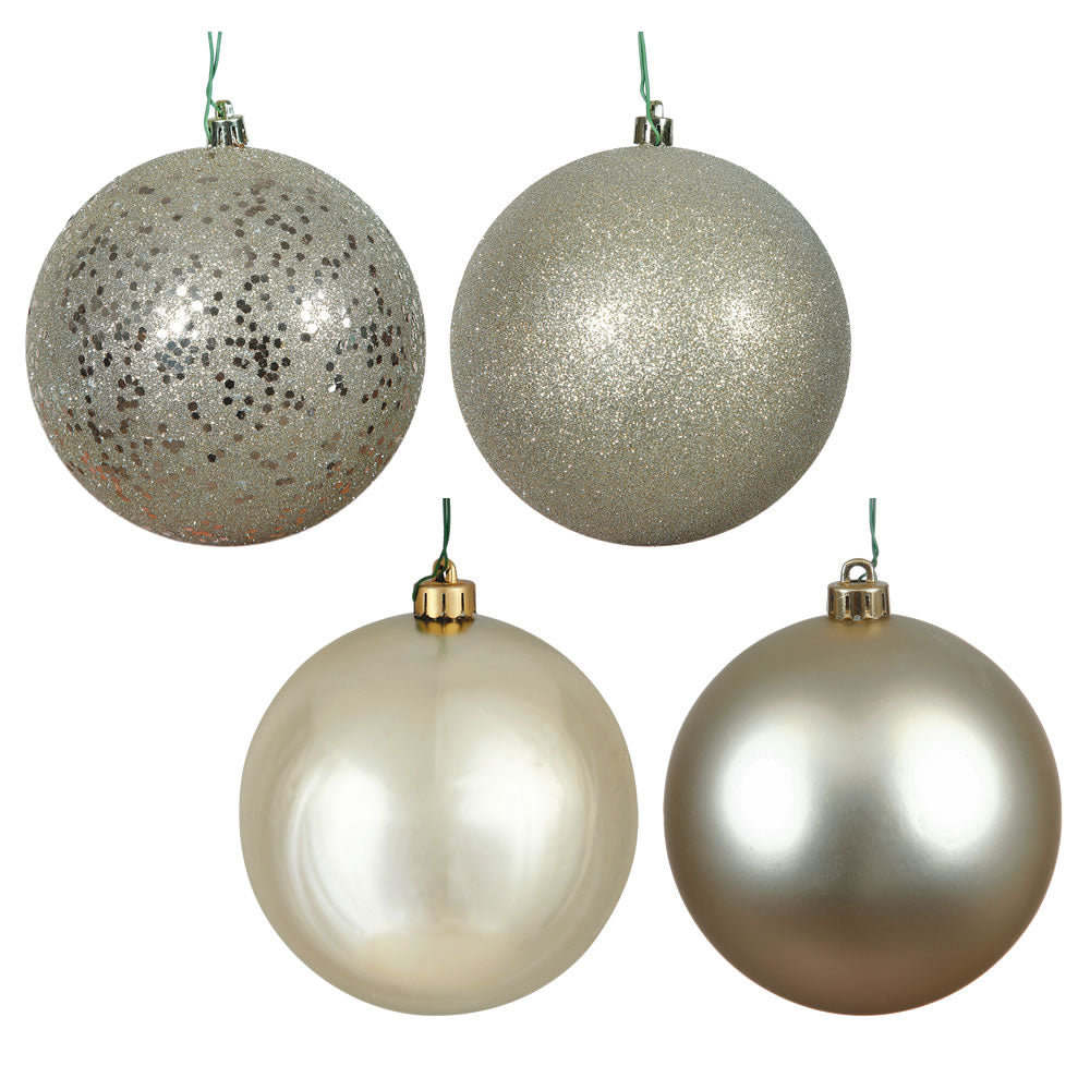 2.4" Champagne 4-Finish Ball Ornament Assortment, Shiny - Matte - Glitter - Sequin