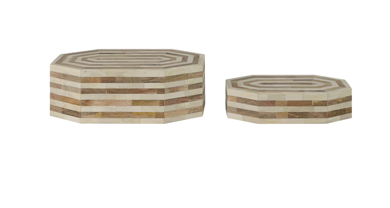 Elongated Octagon Decorative Boxes, Set of 2, 14''W and 12''W, Natural and White