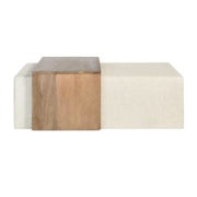 Asher Ottoman with subtle linen upholstery and brindled ash wood center block, 33"x50" — Brooke's On Main