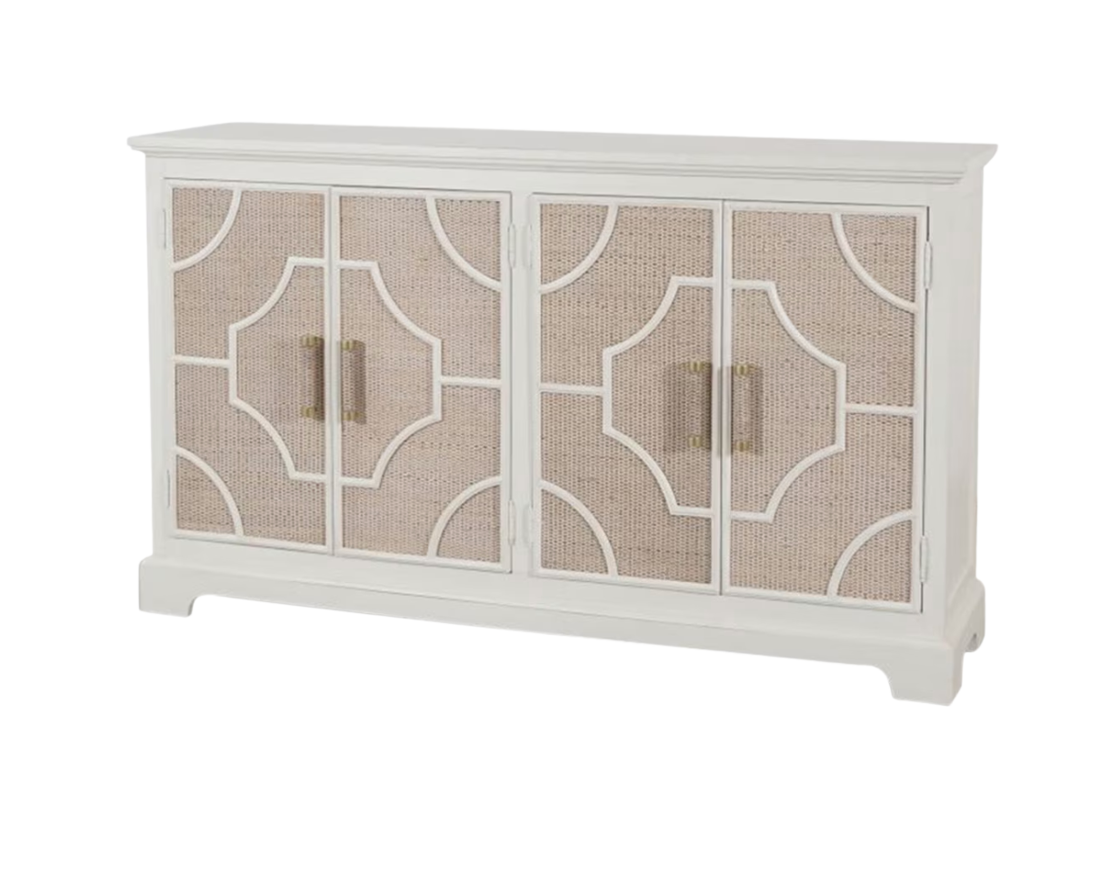 Lillian 4 Door Sideboard With Woven Rattan Doors 62"W, White/Natural