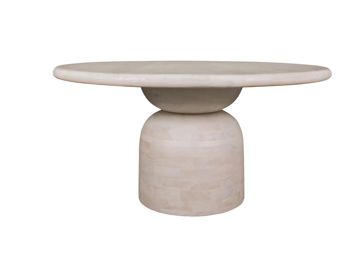 Round Abstract Sphere Pedestal Dining Table, White Wash