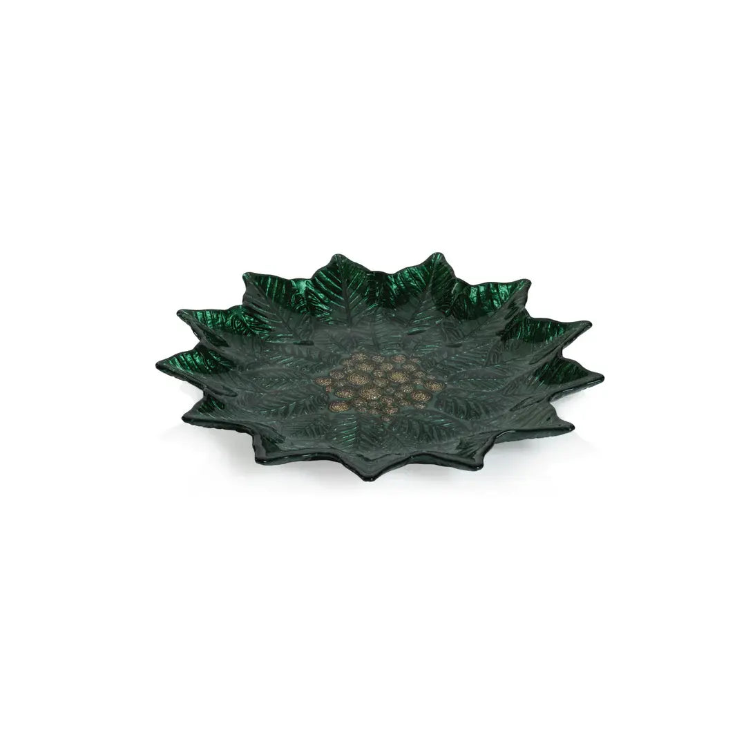 POINSETTA GLASS PLATE - GOLD & GREEN
