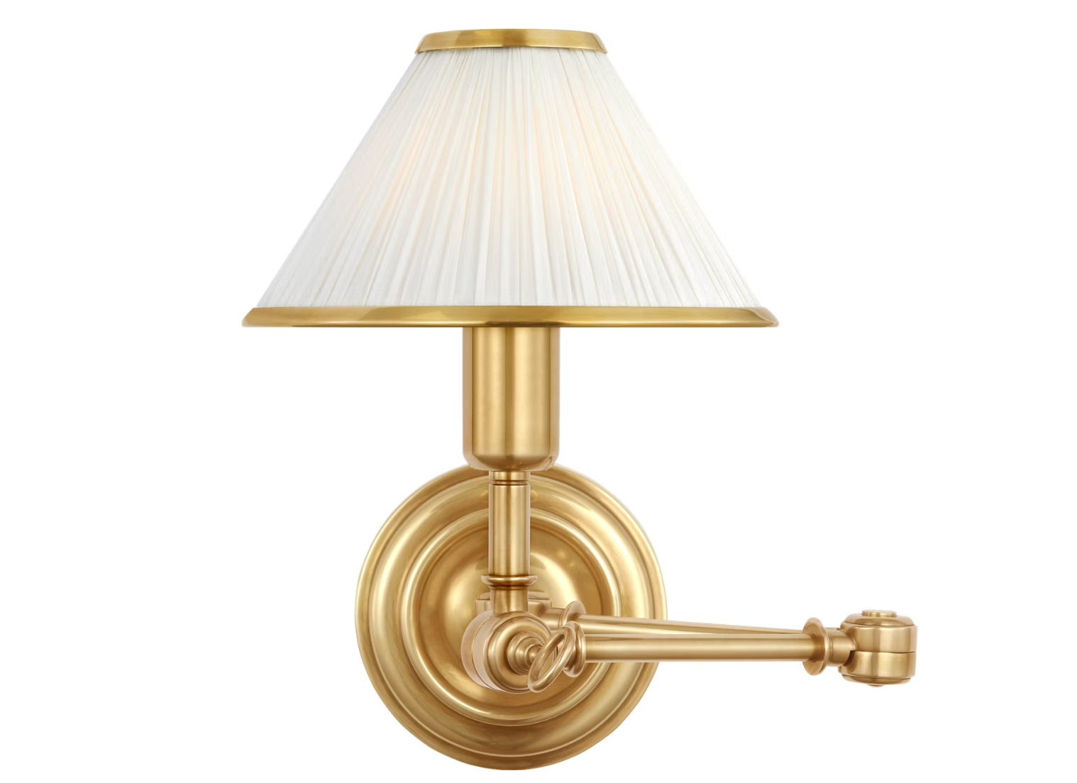 Ralph Lauren Anette swing arm wall sconce in natural brass with pleated silk shade, extended arm position