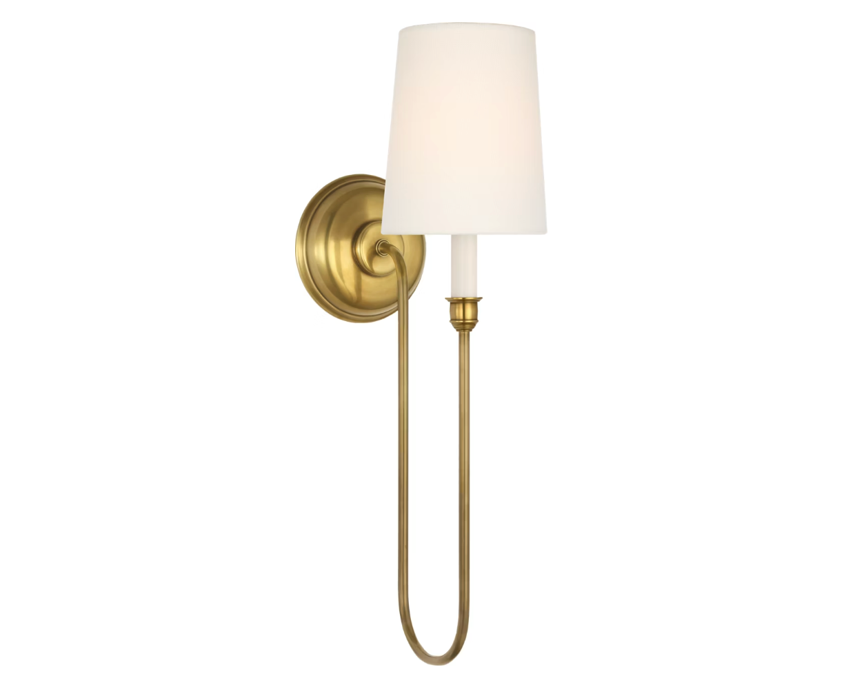 Vendome 21" Deep Arm Cordless Sconce in antique brass with linen shade — Brooke's On Main